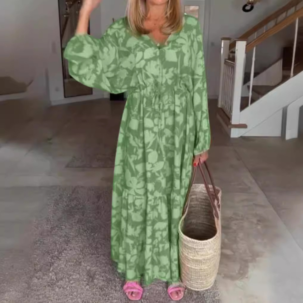 Women's Printed V-Neck Long Sleeve Loose Casual Dress