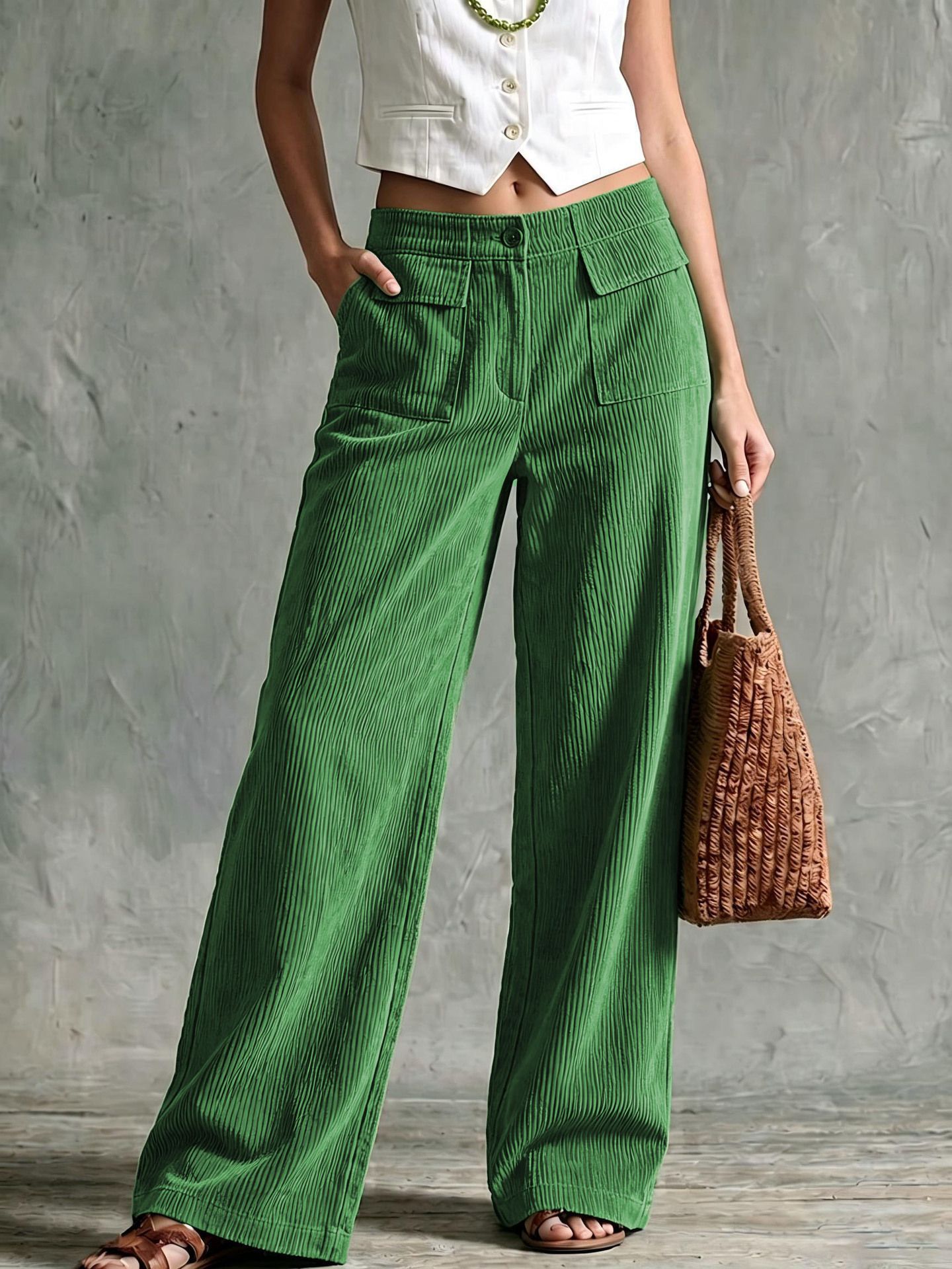 Women's High-Waist Corduroy Wide-Leg Pants Solid Color Casual