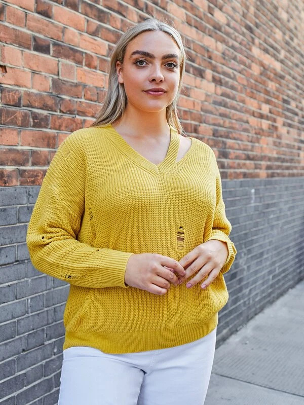 Women's Plus Size Open Knit V-Neck Pullover Sweater Loose Fit