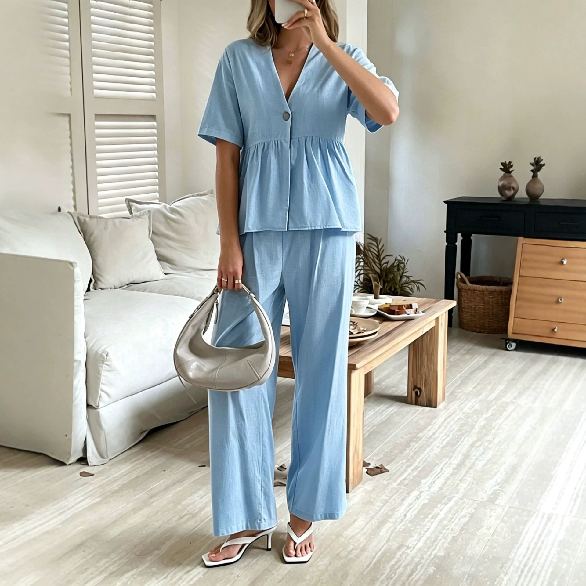 Elegant V-Neck Loose Short-Sleeve Top and Wide-Leg Pants Two-Piece Set