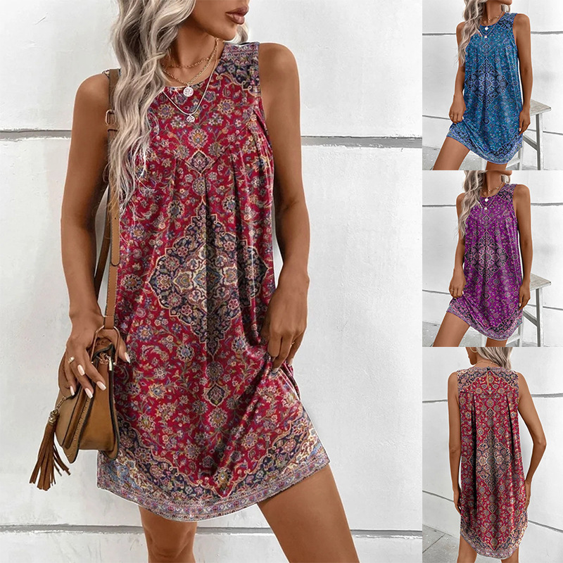 Women's Sleeveless Floral Print Round Neck Midi Dress Casual Ethnic Style