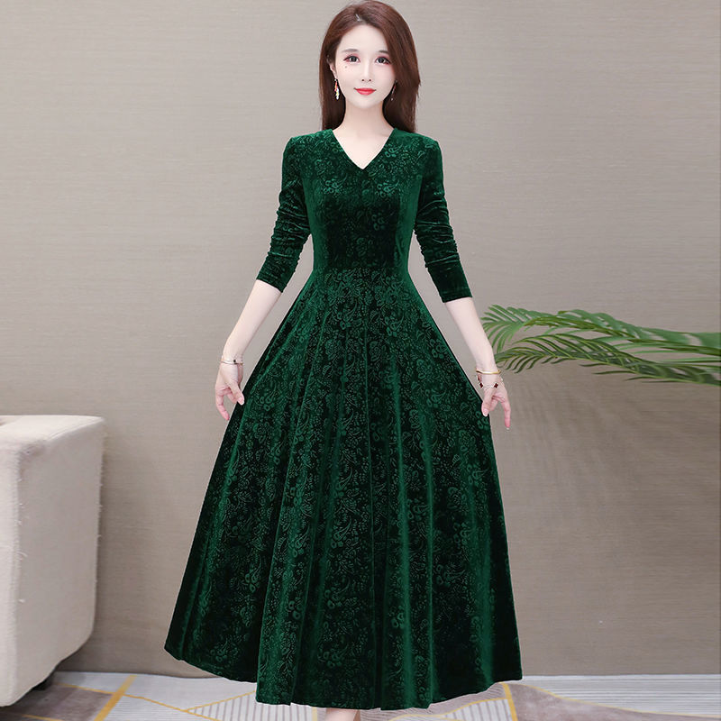 Velvet V-Neck Long Sleeve A-Line Maxi Dress