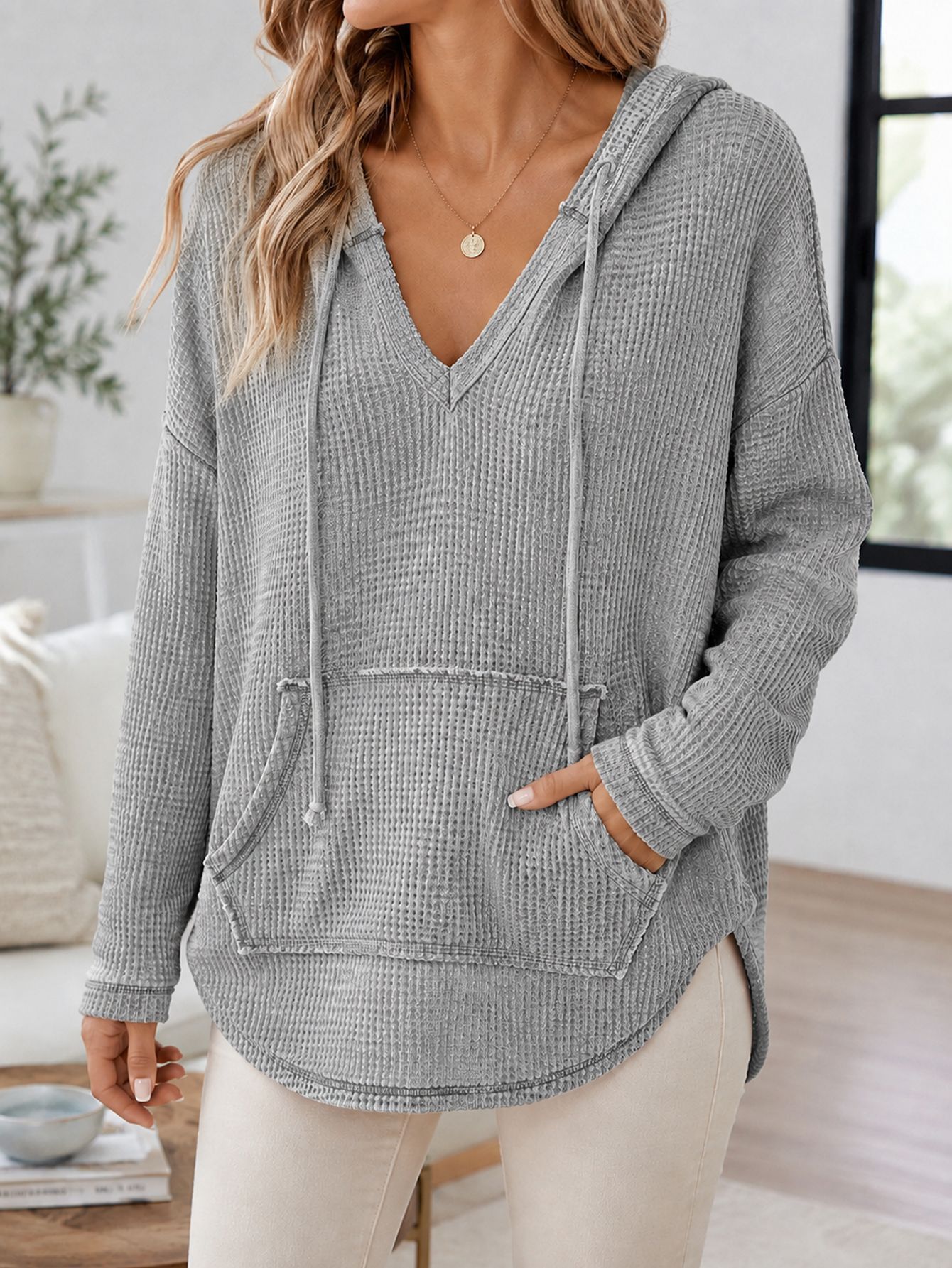 Women's Waffle Knit Hooded Sweatshirt Long Sleeve Casual Pullover