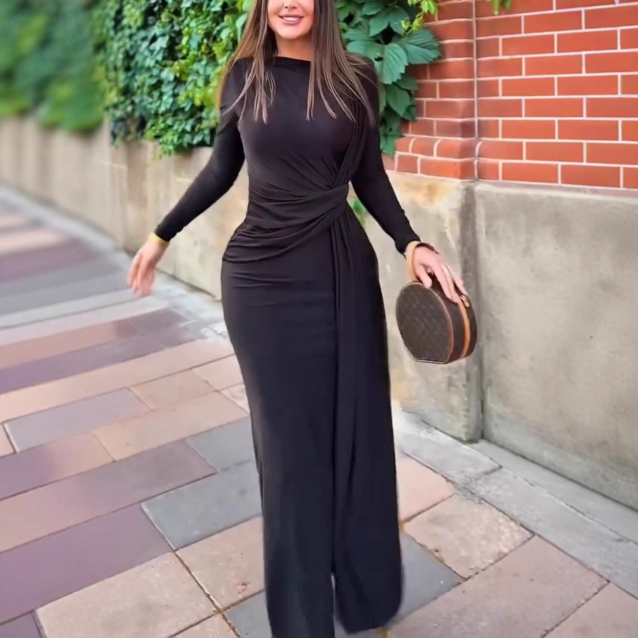 Women's Long Sleeve Crew Neck Solid Color Slim Fit Knot Long Dress
