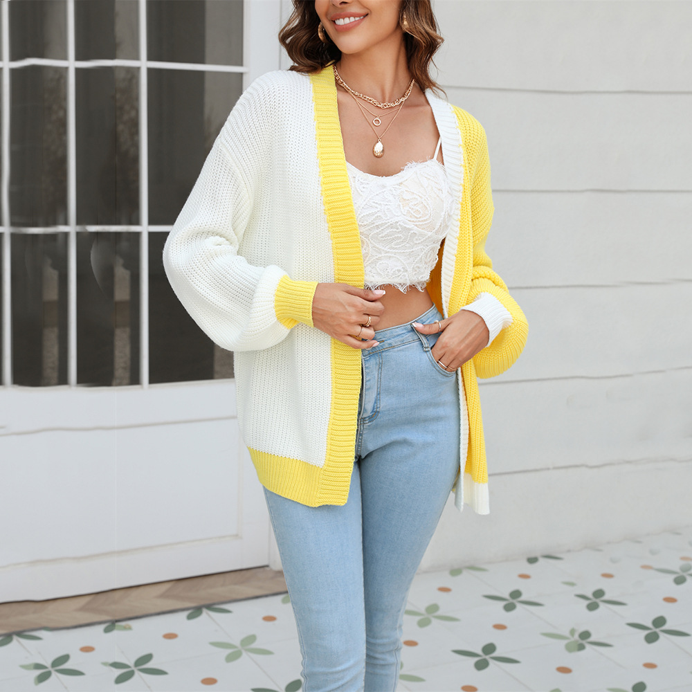 Colorblock Knit Cardigan Loose Fit Long Sleeve Women's