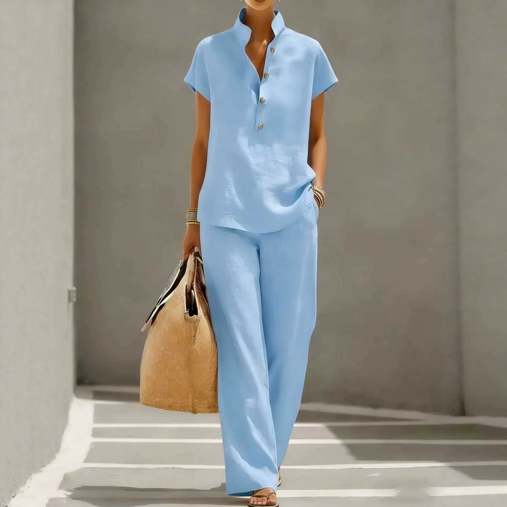 Women's Casual Linen-Blend Open-Front Shirt & Pants Set