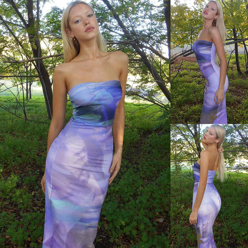 Women's Floral Print Strapless Open-Back Bodycon Midi Dress