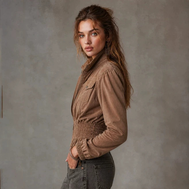 Vintage Denim Zip-Up Cropped Jacket with Stand Collar