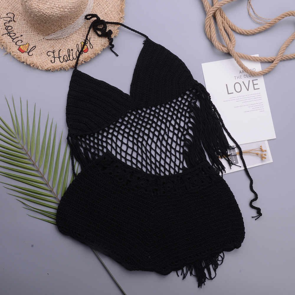 Women's V-Neck Halter Tassel Cami Knit Top and Shorts Set Sexy Backless Two-Piece