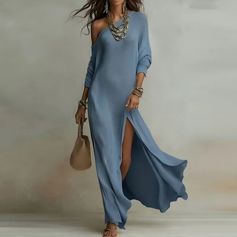 Women's Summer French Casual Slim Fit Solid One-Shoulder Slit Dress