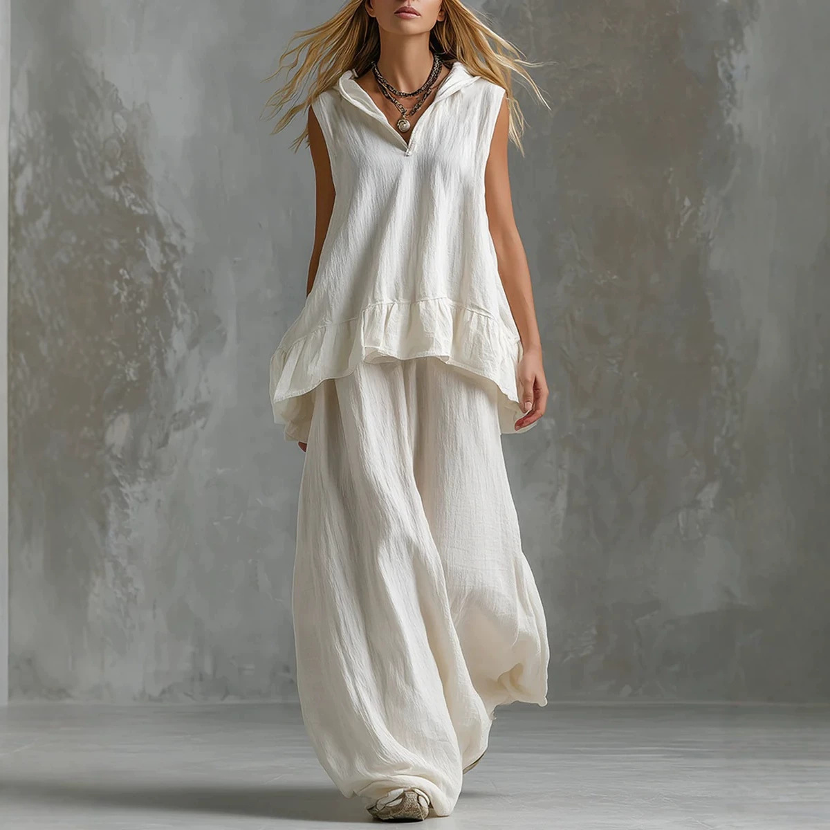 Women's Solid V-Neck Sleeveless Top and Wide-Leg Pants Casual Two-Piece Set