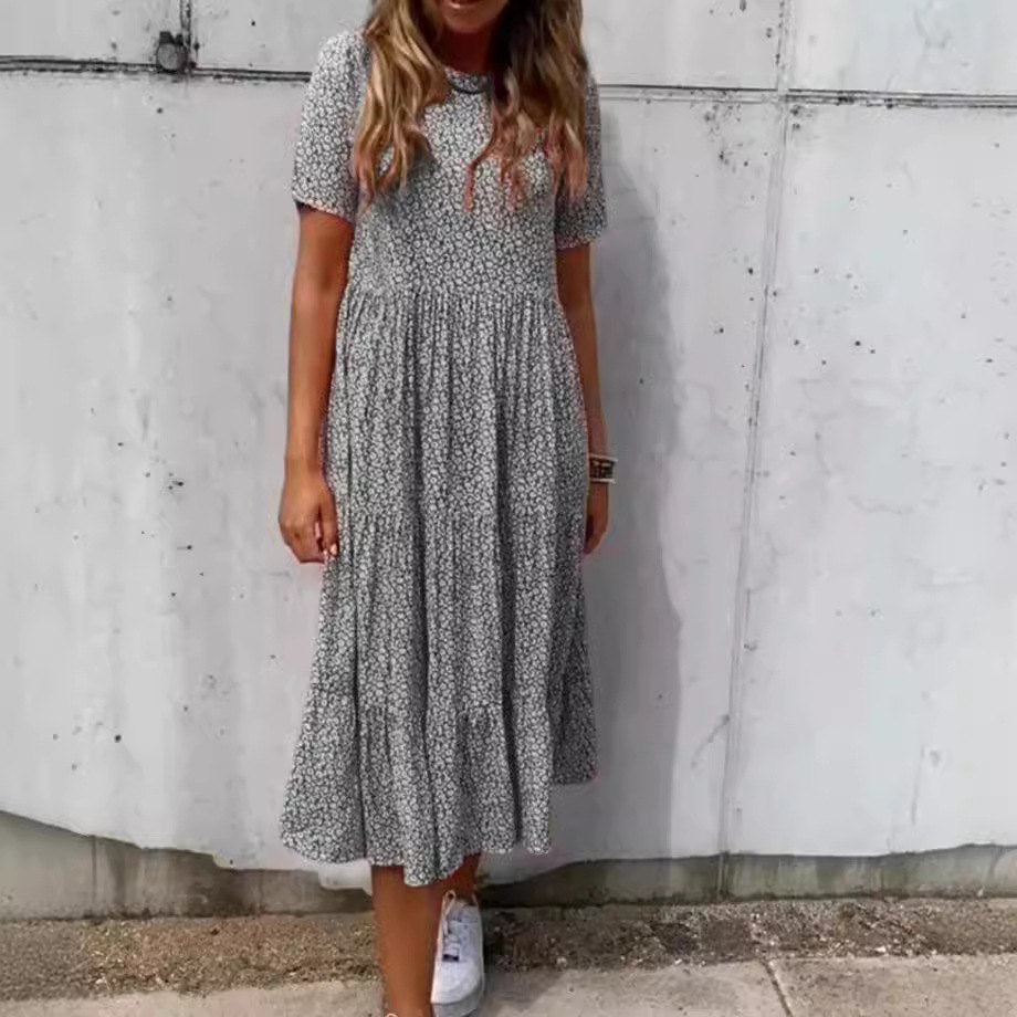 Floral Print Round Neck Short Sleeve Maxi Dress