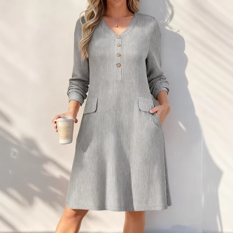 V-Neck Button-Front Ribbed Knit Midi Dress