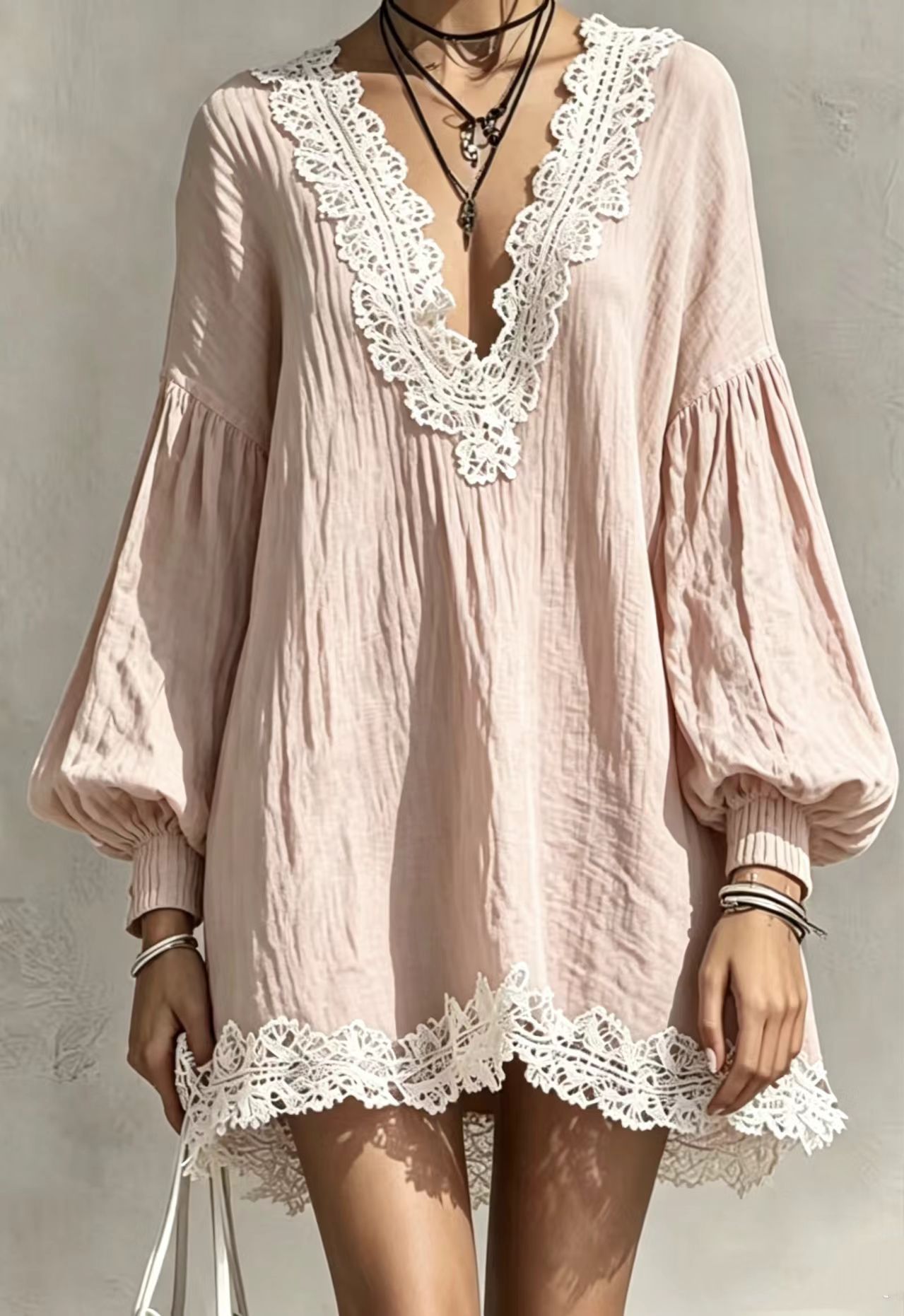Color-Block V-Neck Lace-Trim Lantern-Sleeve Loose Dress