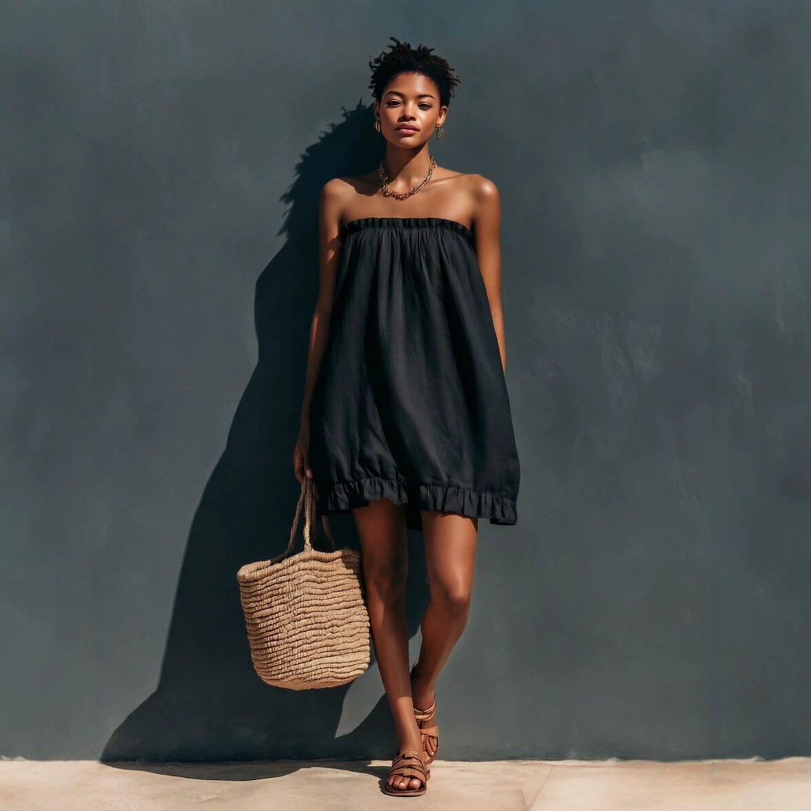 Women's Strapless Ruffle Hem Cotton Linen Midi Dress