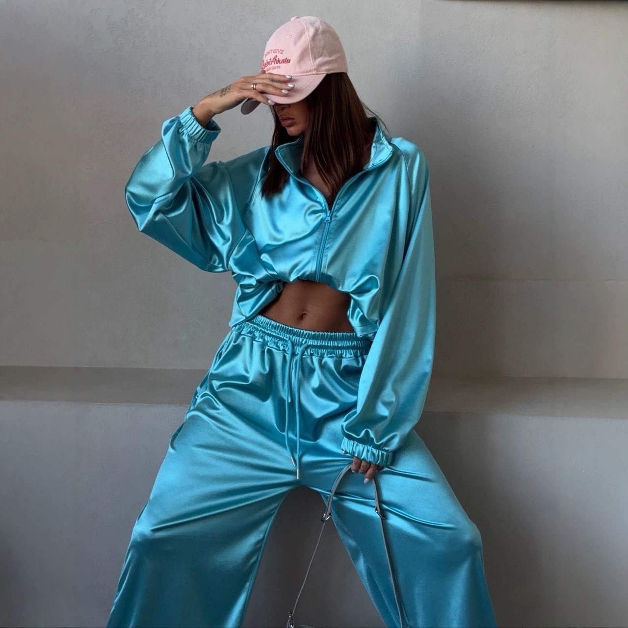 Women's Lake Blue Satin Oversize Short Sleeve Top and Pants Set