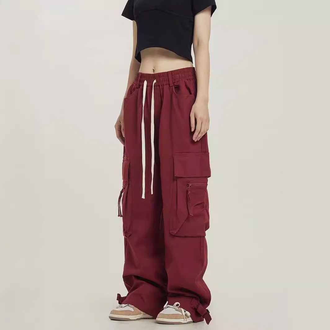 Wide-Leg Red Cargo Pants Streetwear