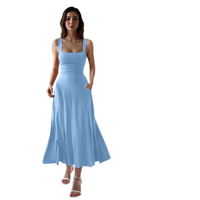Women's Wide Strap Square Neck A-Line Midi Dress with Adjustable Waist
