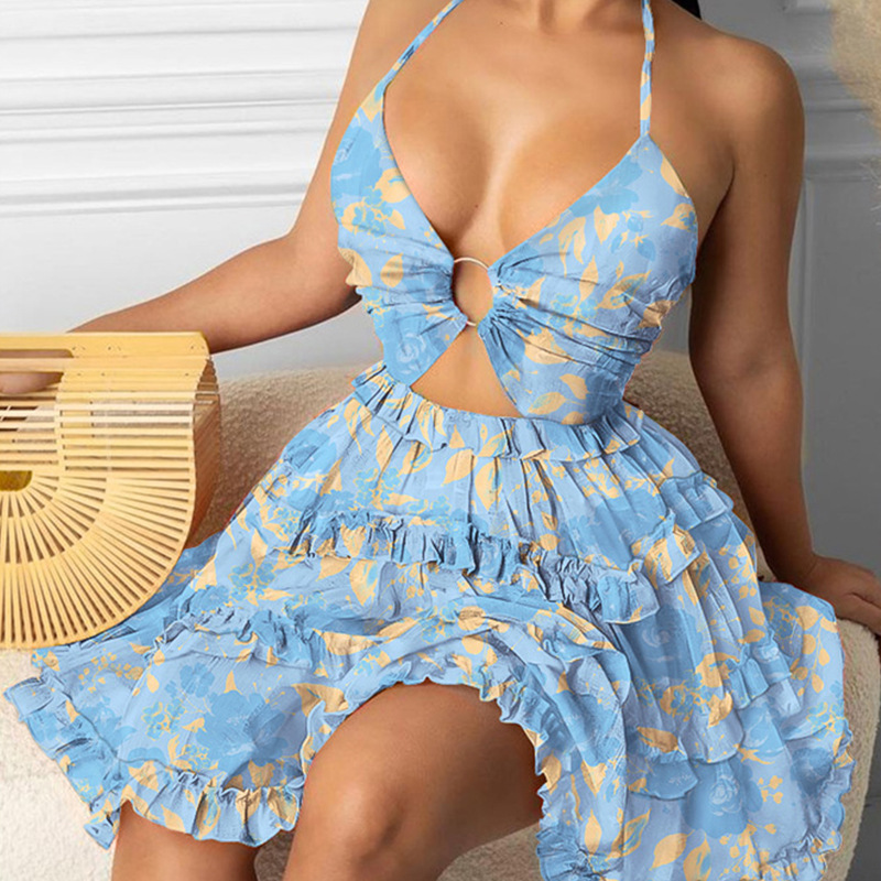 Women's Cutout Halter V-Neck Tiered Dress