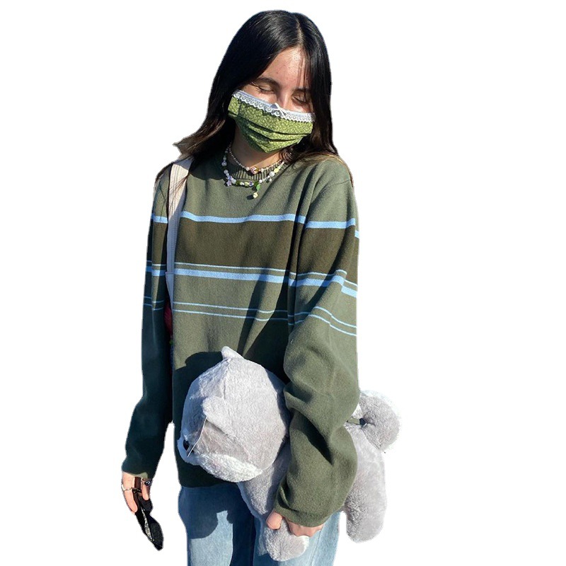 Women's American Retro Preppy Color-Block Striped Long-Sleeve Crewneck Knit Top