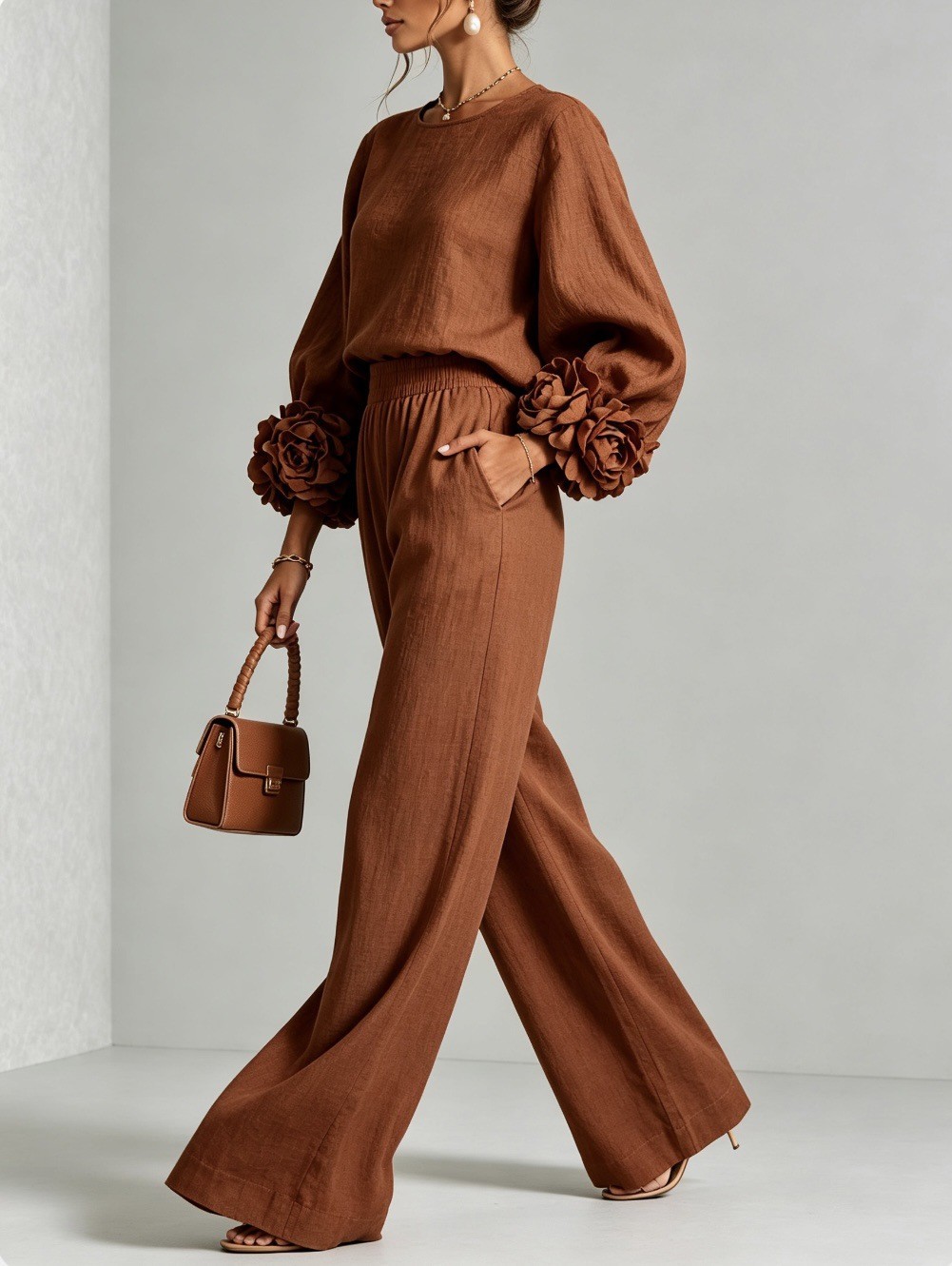 Floral Cuff Top and Wide-Leg Pants Set