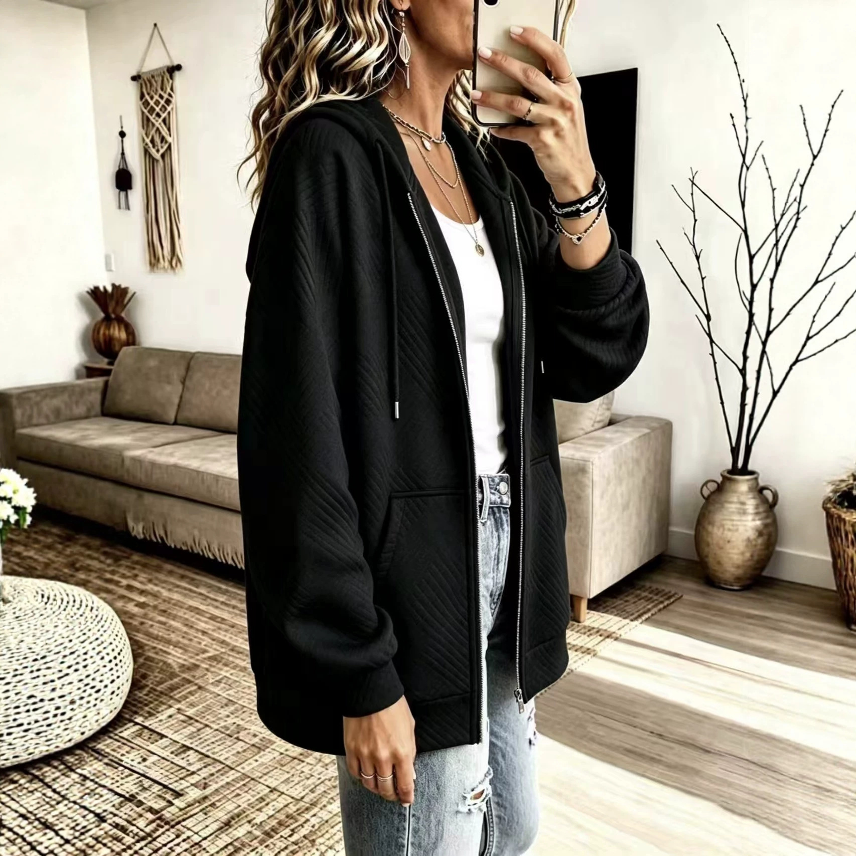 Plus Size Solid Color Hooded Zip-Up Loose Fit Women's Sweatshirt