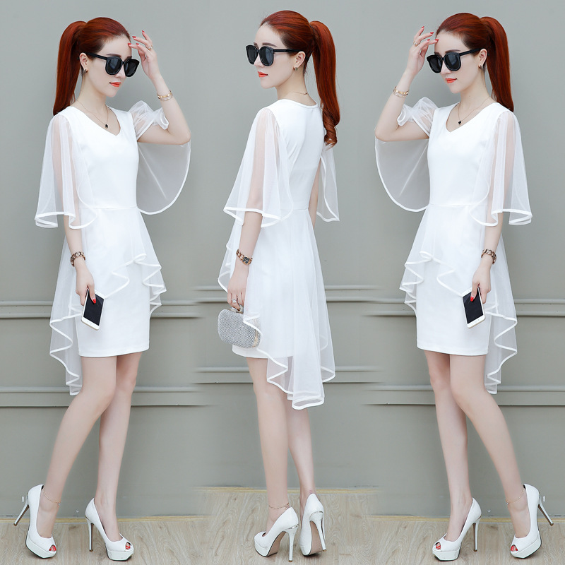 French Chiffon Dress Women's Summer V-Neck A-Line Midi Dress with Mesh Panels