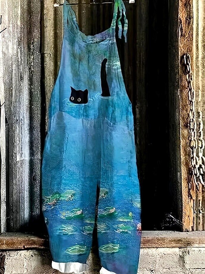 Women's Vintage Floral Print Sleeveless Jumpsuit Casual Tie-Waist