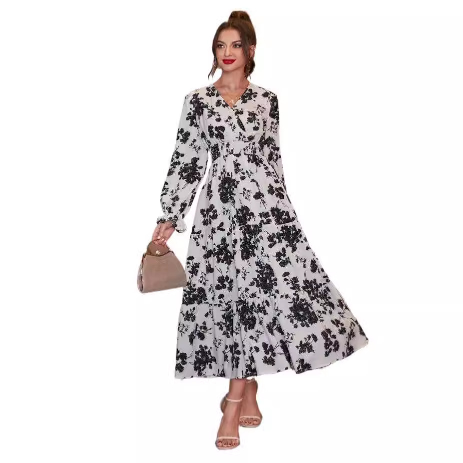 Women's Floral Tiered Maxi Dress Long Sleeve V-Neck
