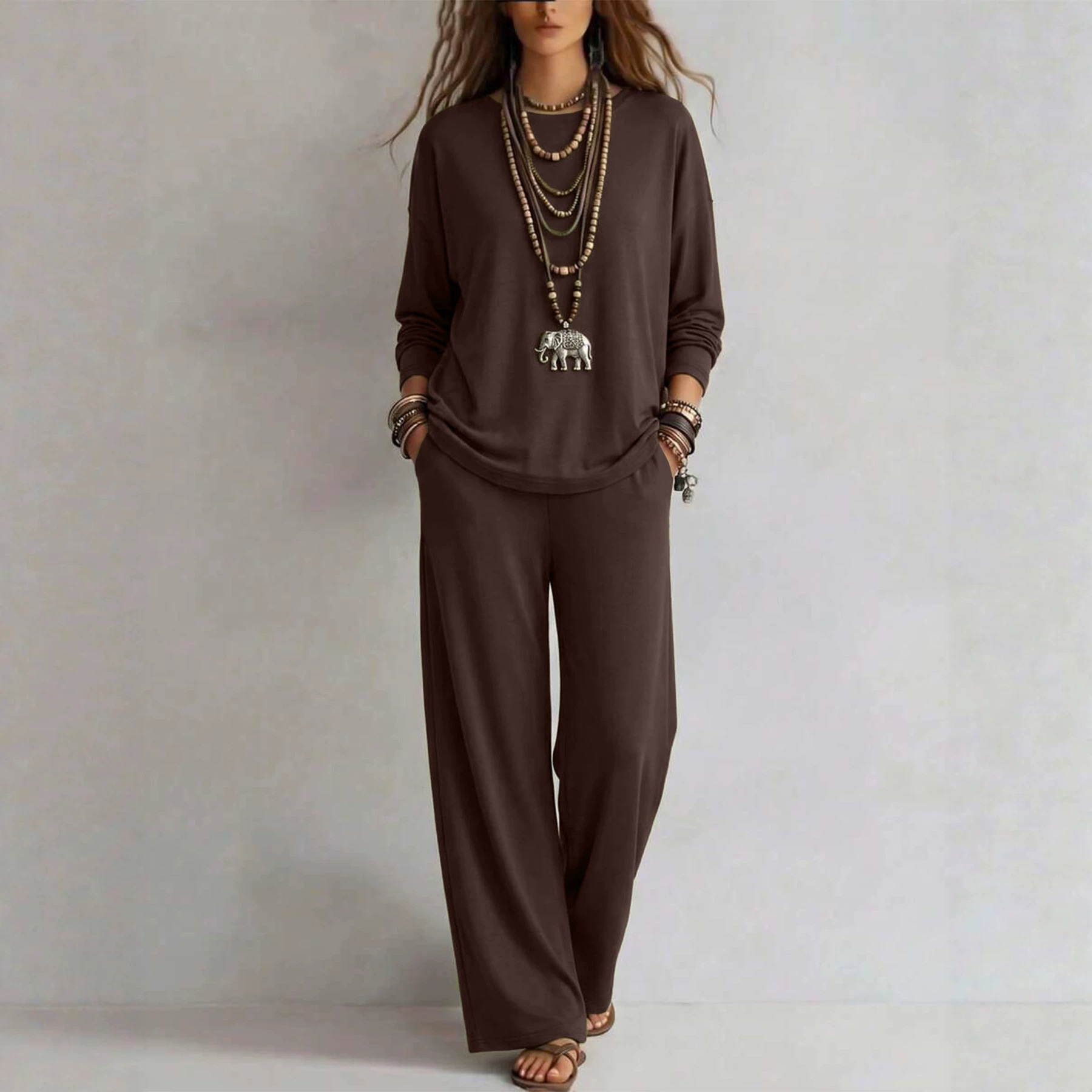 Women's Solid Color Two-Piece Set Long Sleeve Top & Wide-Leg Pants