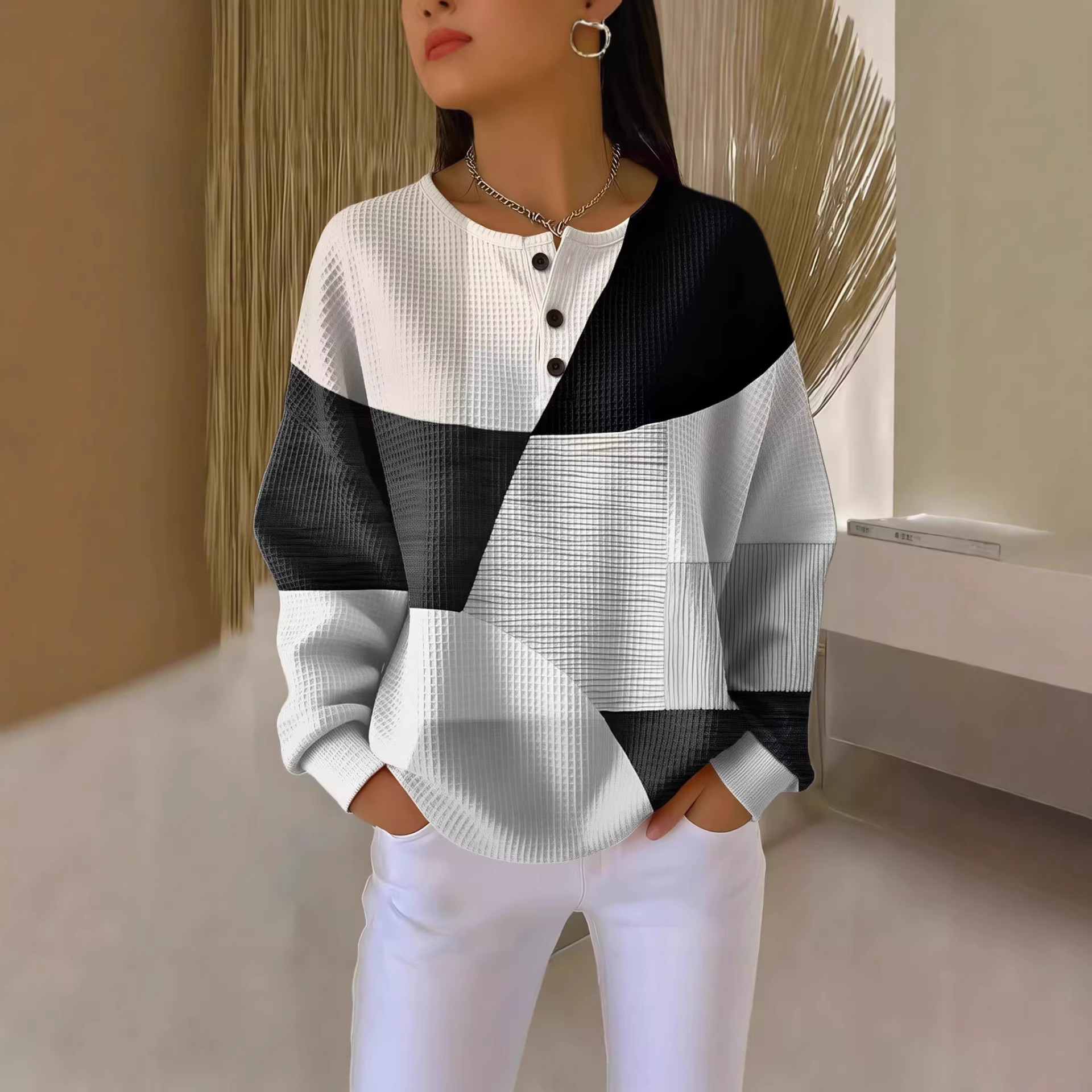 Women's 3D Print Waffle Knit Long Sleeve Polo Shirt