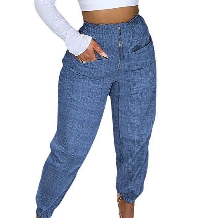 Men's Zip Casual Pants Slim Fit Workwear Style Blue