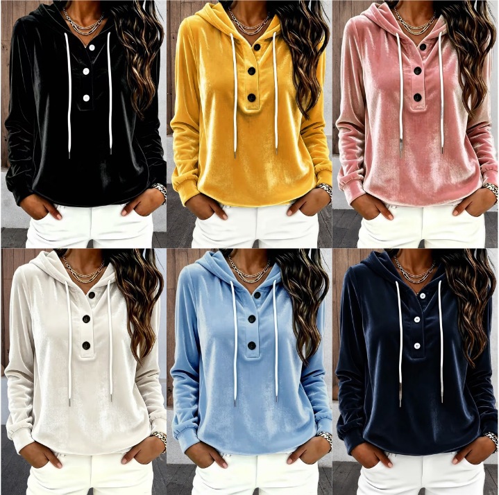Women's Solid Color Button Hooded Drawstring Long Sleeve Sweatshirt