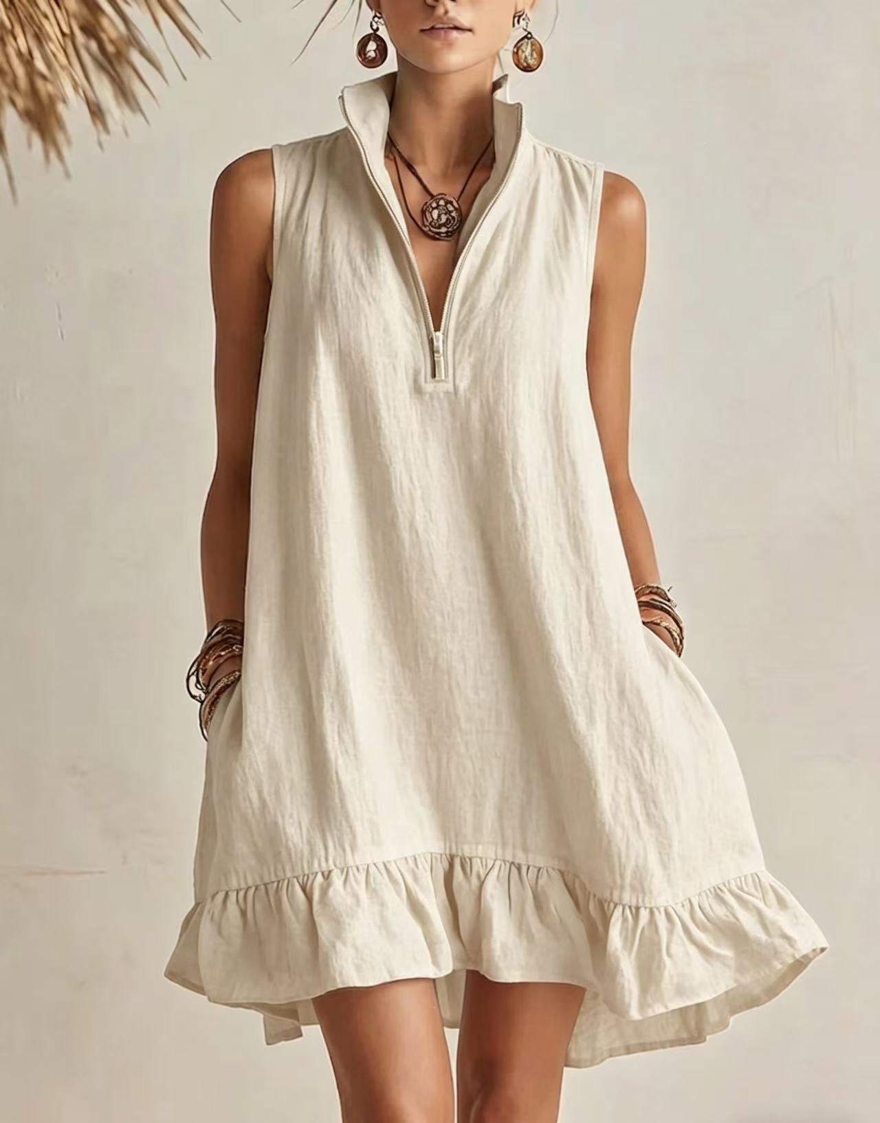 Cotton Linen Solid V-Neck Sleeveless A-Line Dress