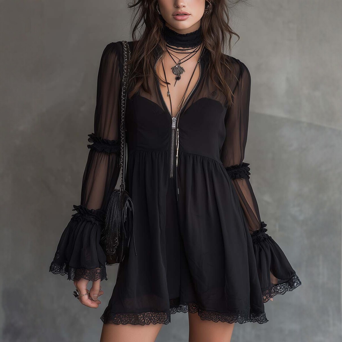Dark Lace Trim Sheer Zip Long Sleeve Mini Dress