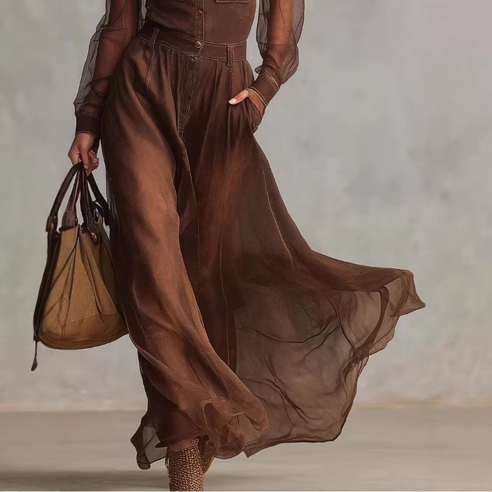 Retro Western Button-Front V-Neck Long Sleeve Brown Cotton Maxi Dress