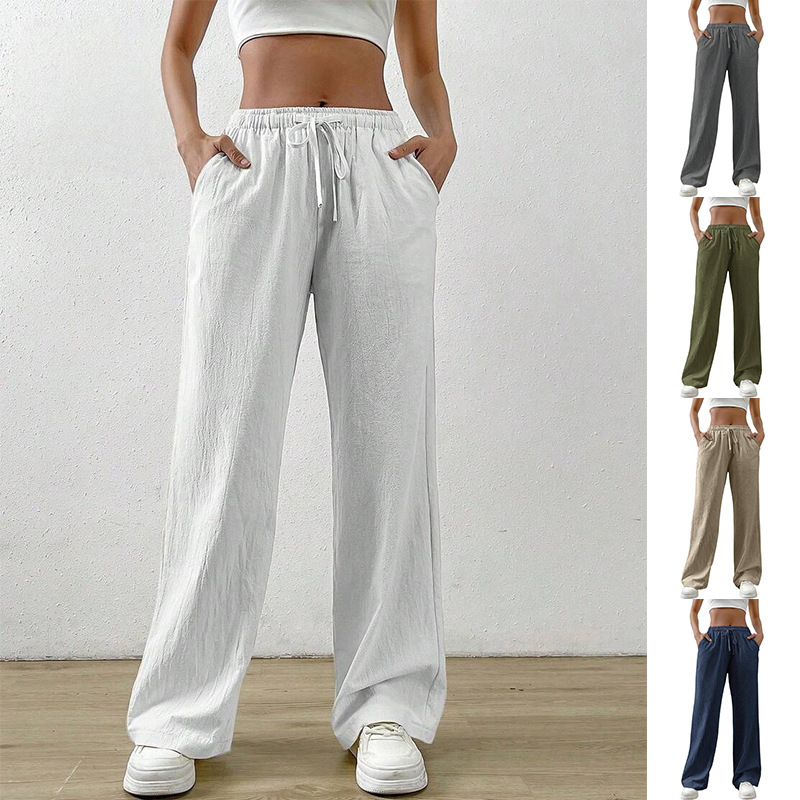 Women's Cotton Linen Wide-Leg Pants Casual Loose High-Waist Drawstring