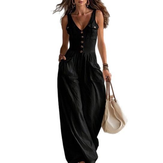 Women's Solid Color Button Pocket Loose Wide-Leg Overalls Jumpsuit