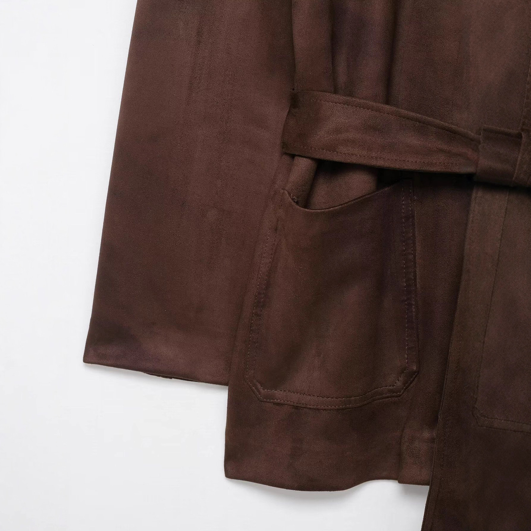 Women's Faux Suede Belted Jacket with Suit Collar