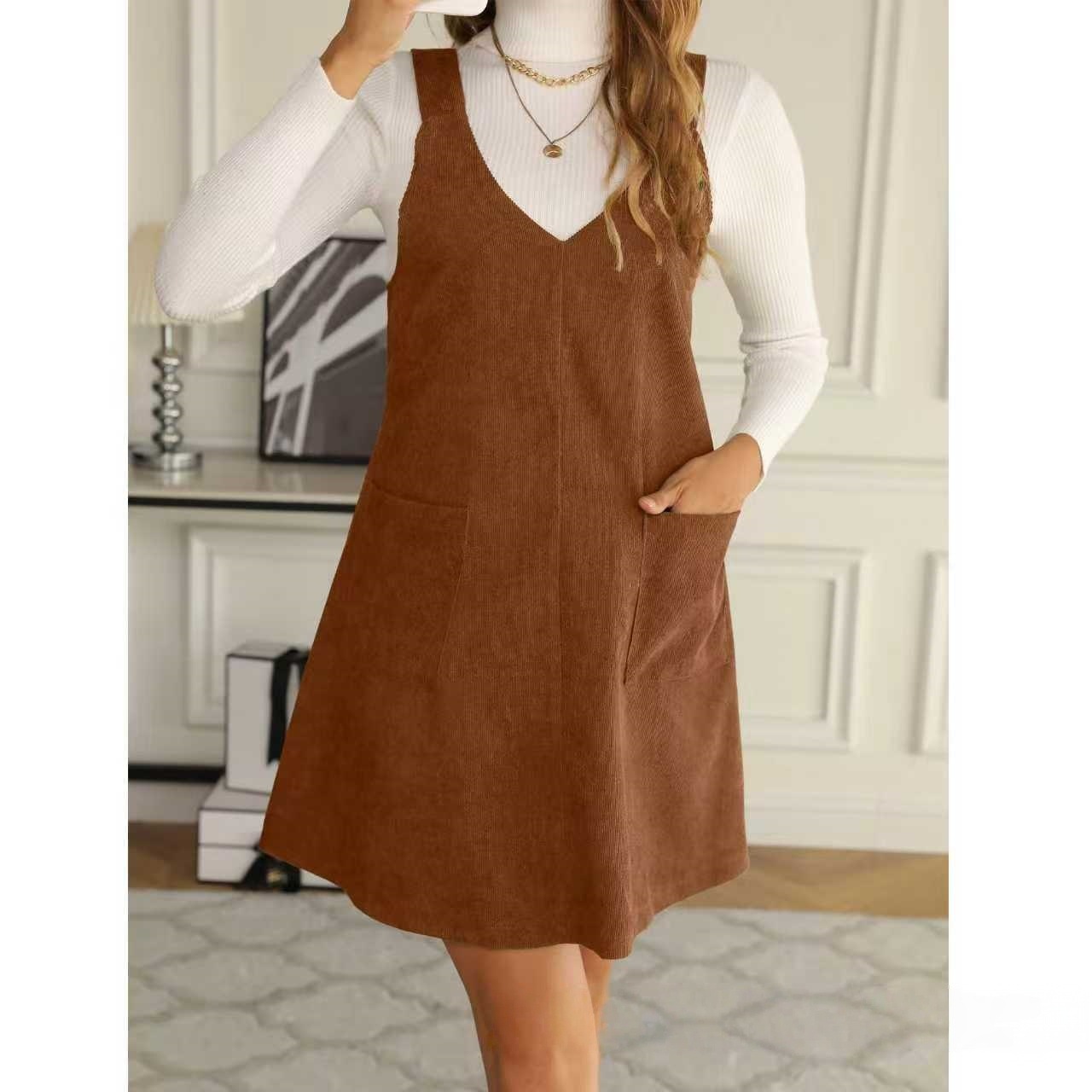 Corduroy V-Neck Pinafore Dress with Pockets