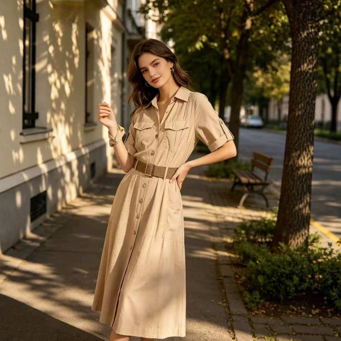 Women's Polo Collar A-Line Shirt Dress Short Sleeve Polyester Khaki