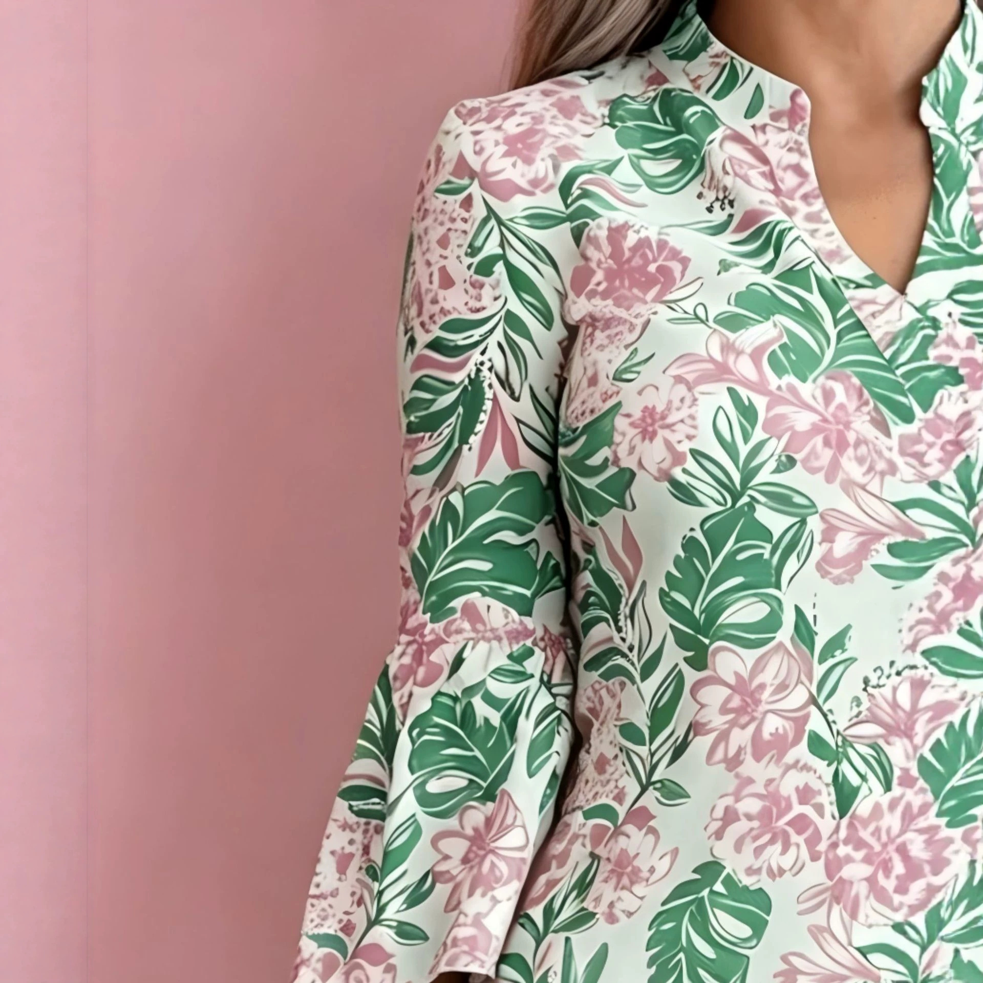 Women's Floral Leaf Print Casual Midi Dress with Deep V-Neck and Five-Quarter Sleeves
