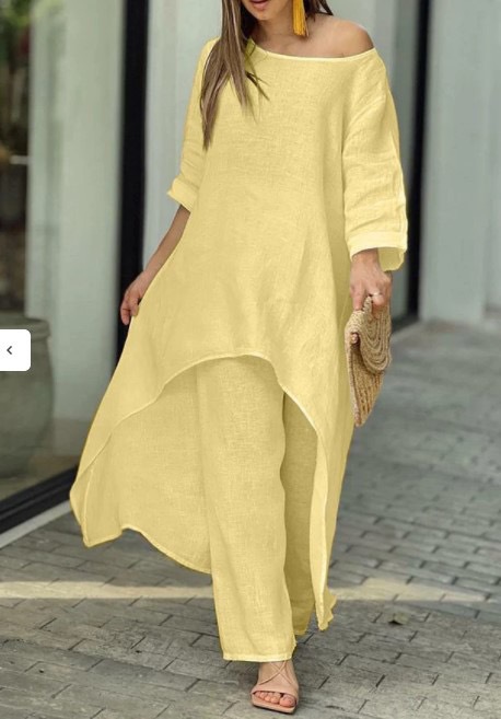 Women's Cotton-Linen Irregular Long-Sleeve Wide-Leg Two-Piece Set