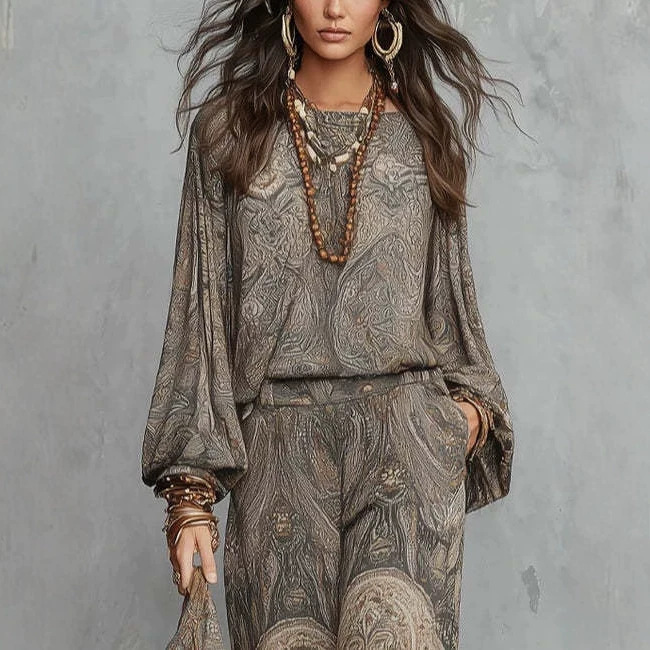 Paisley Print Two-Piece Set with Long Sleeve Top and High-Waist Long Skirt