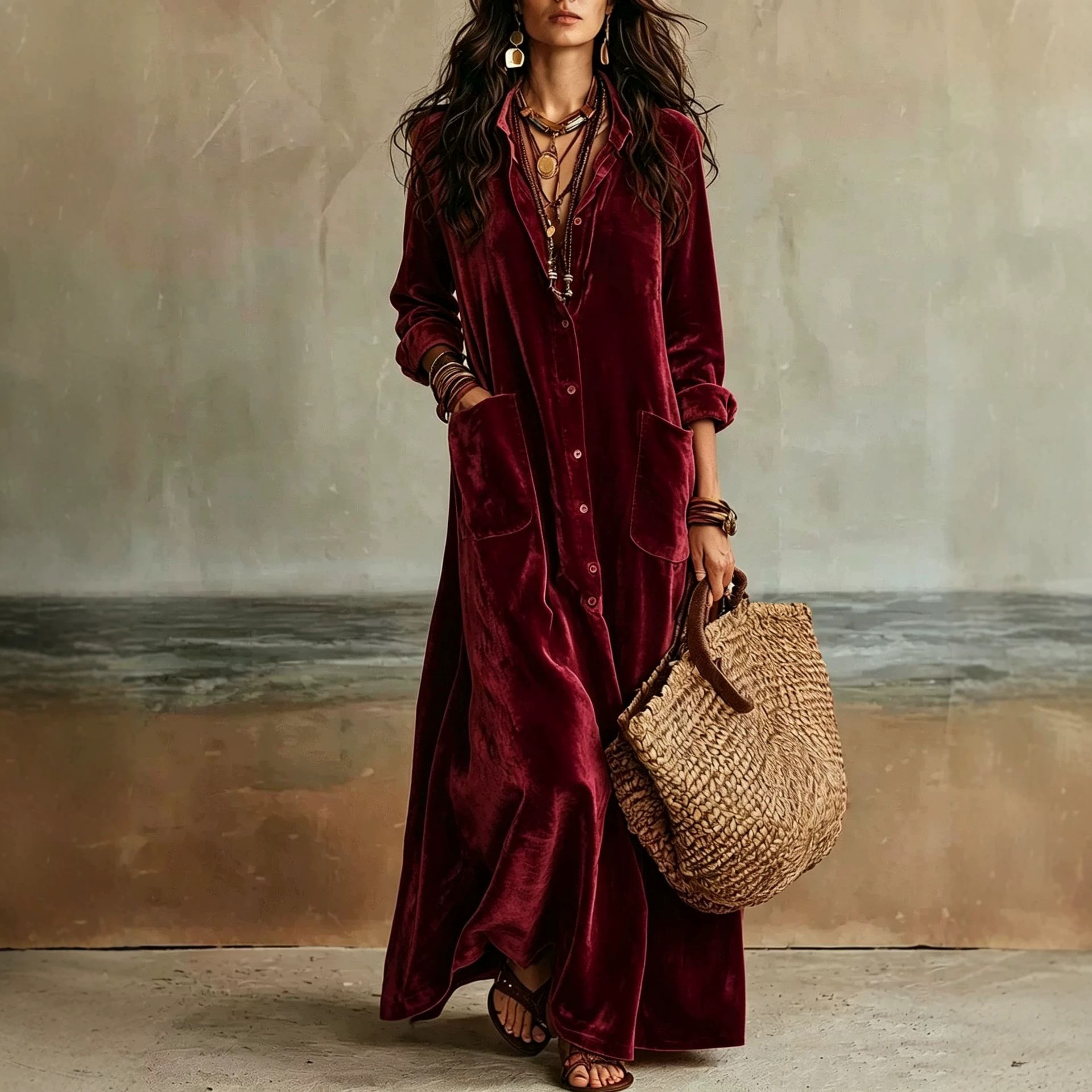Boho Velvet Long Shirt Dress Solid Color Loose Fit