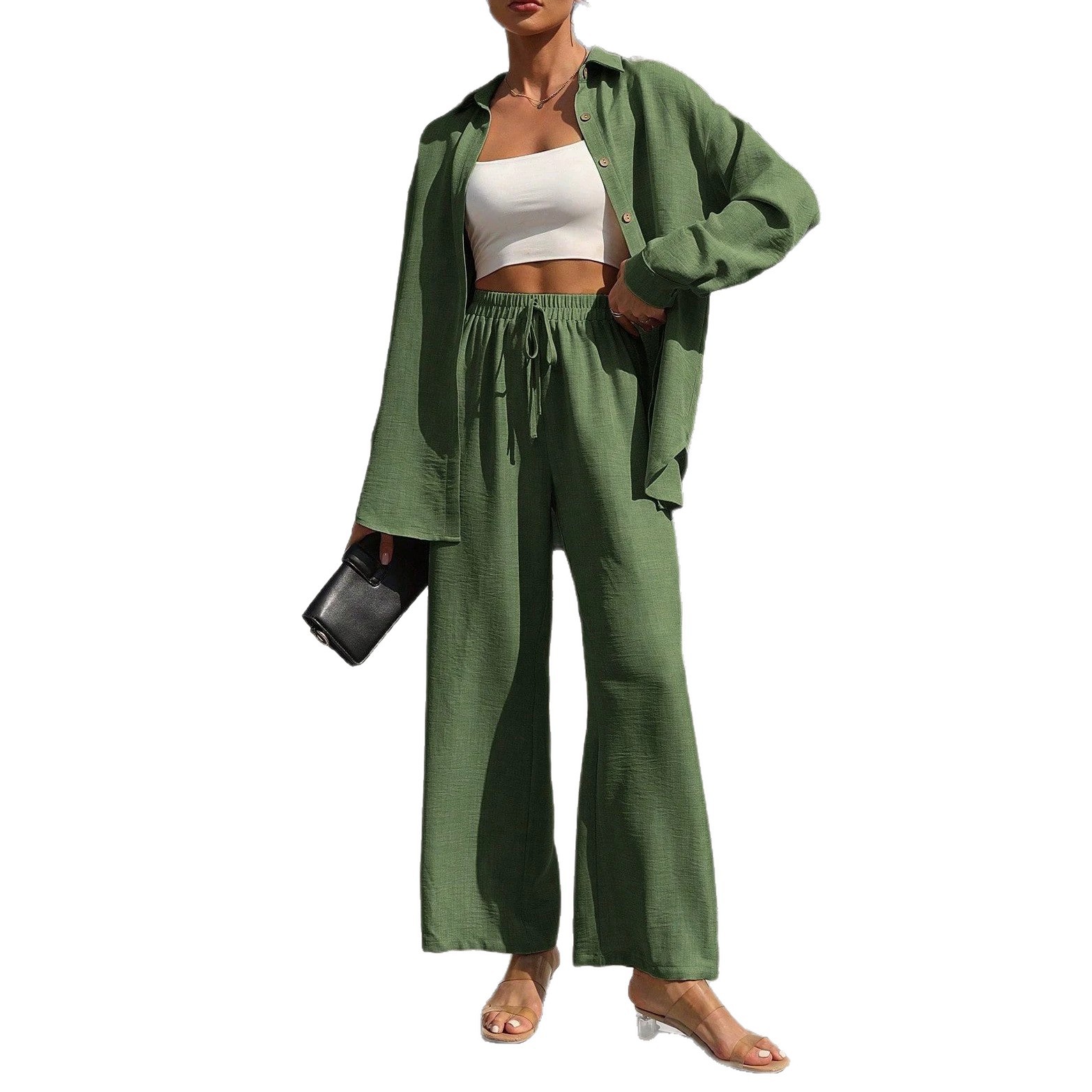 Women's Plus Size Long Sleeve Cardigan & Pants Two-Piece Set Solid Color Casual