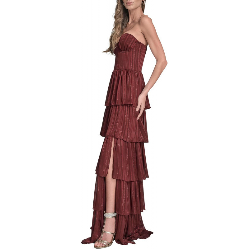 Women's Strapless Slit Tiered Midi Dress