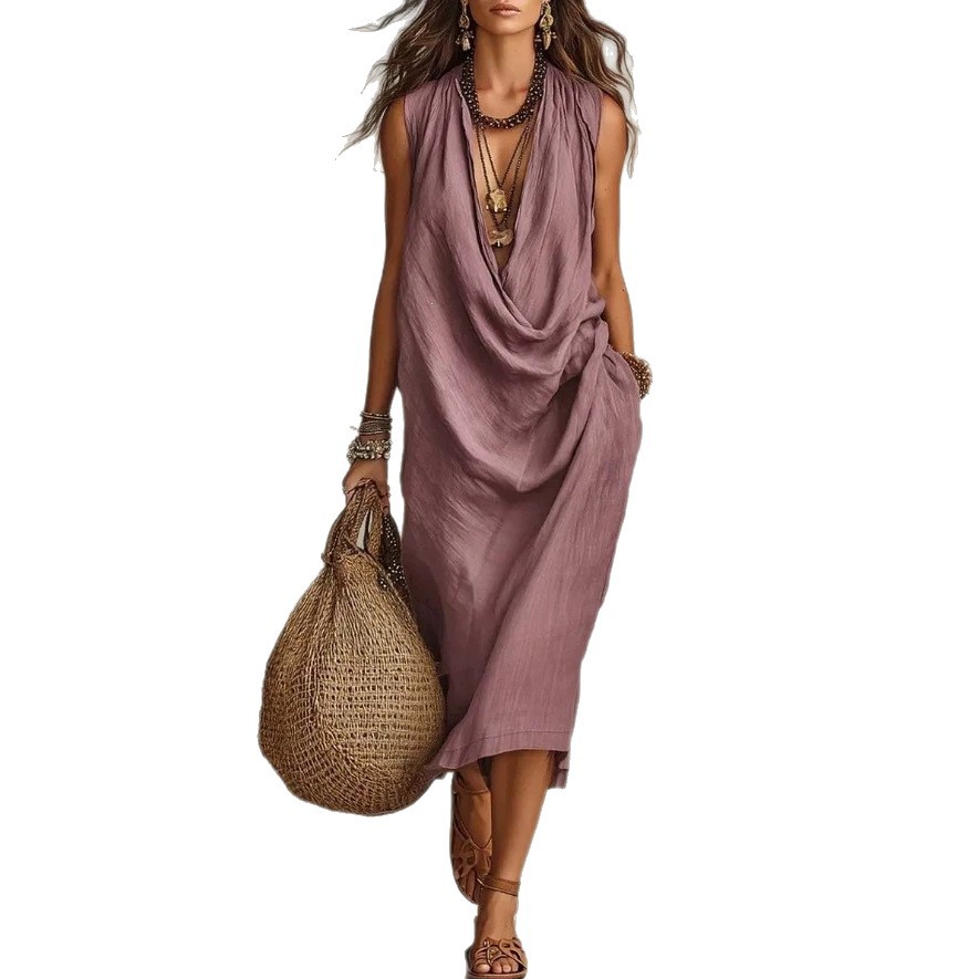 Women's Casual Loose Cowl Neck Sleeveless Maxi Dress