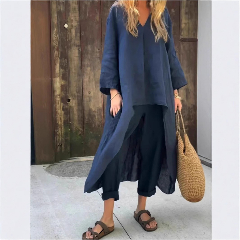 Women's Plus Size Cotton-Linen V-Neck Long Sleeve Top & Pants Set Casual Loungewear