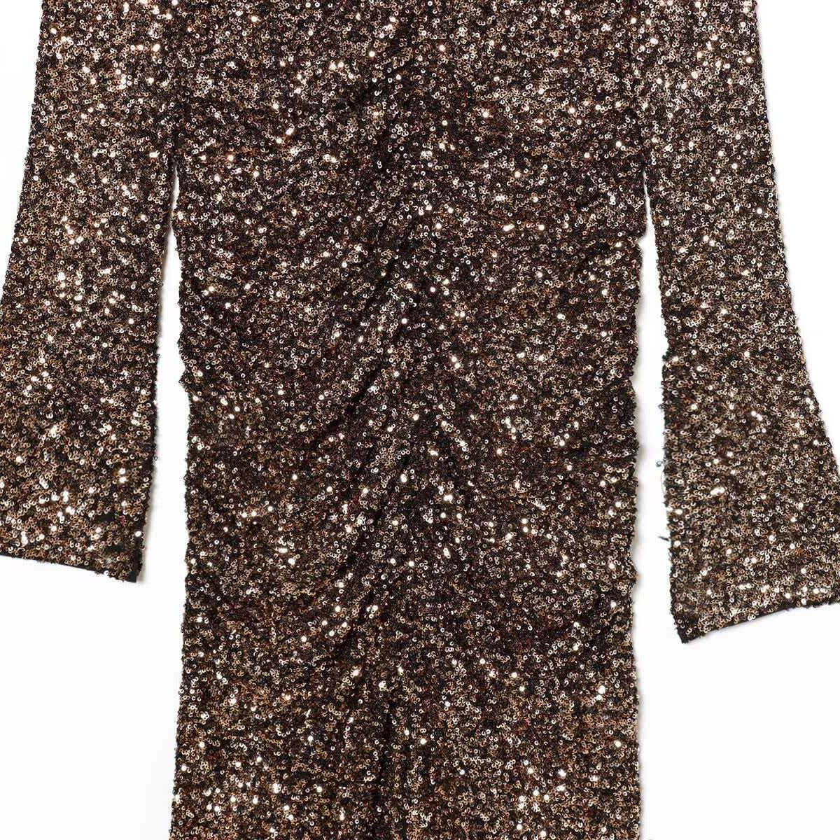 Women's Gold Sequin Deep V-Neck Long Sleeve Bodycon Dress